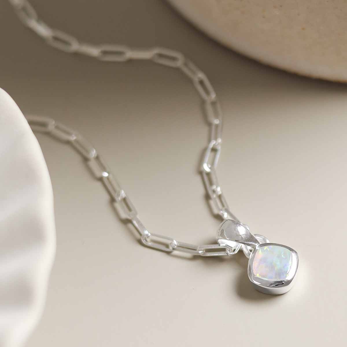 Sterling Silver Opalite Birthstone Fine Paperclip Necklace (October)
