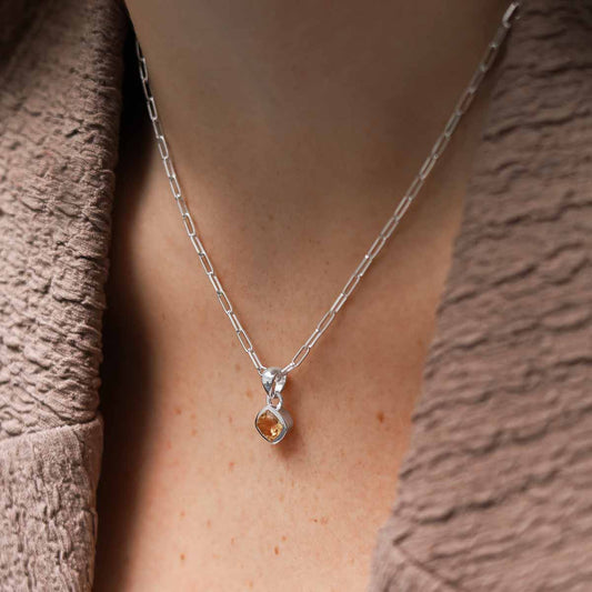 MW11FPN_Sterling Silver Citrine Birthstone Fine Paperclip Necklace (November)_Model
