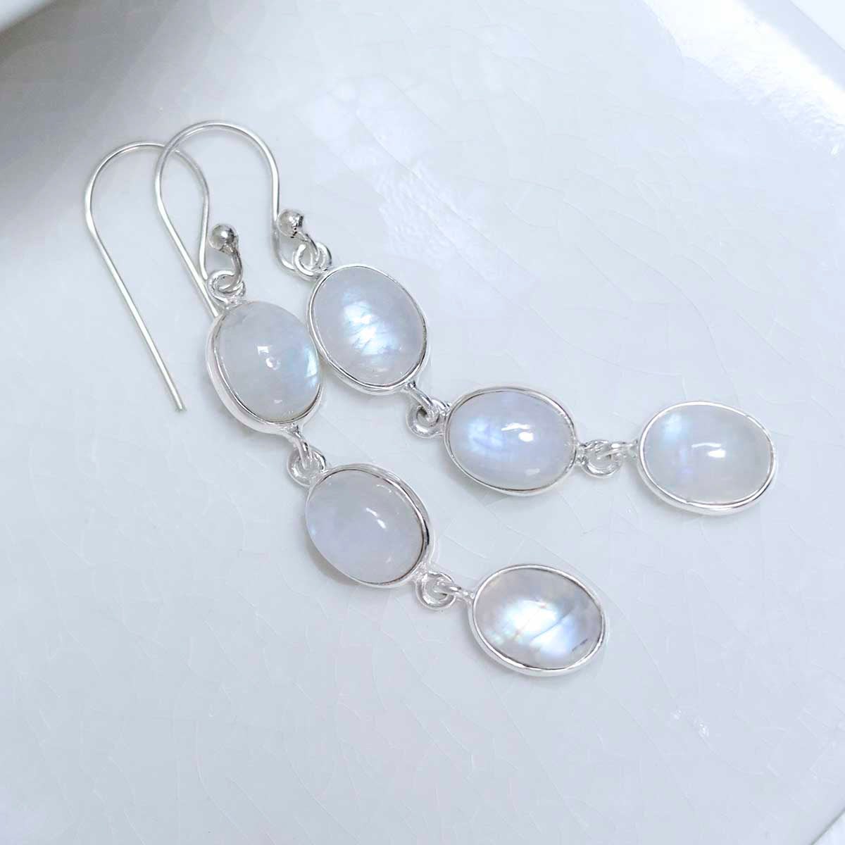 Sterling Silver Triple Moonstone Dangly Oval Earrings