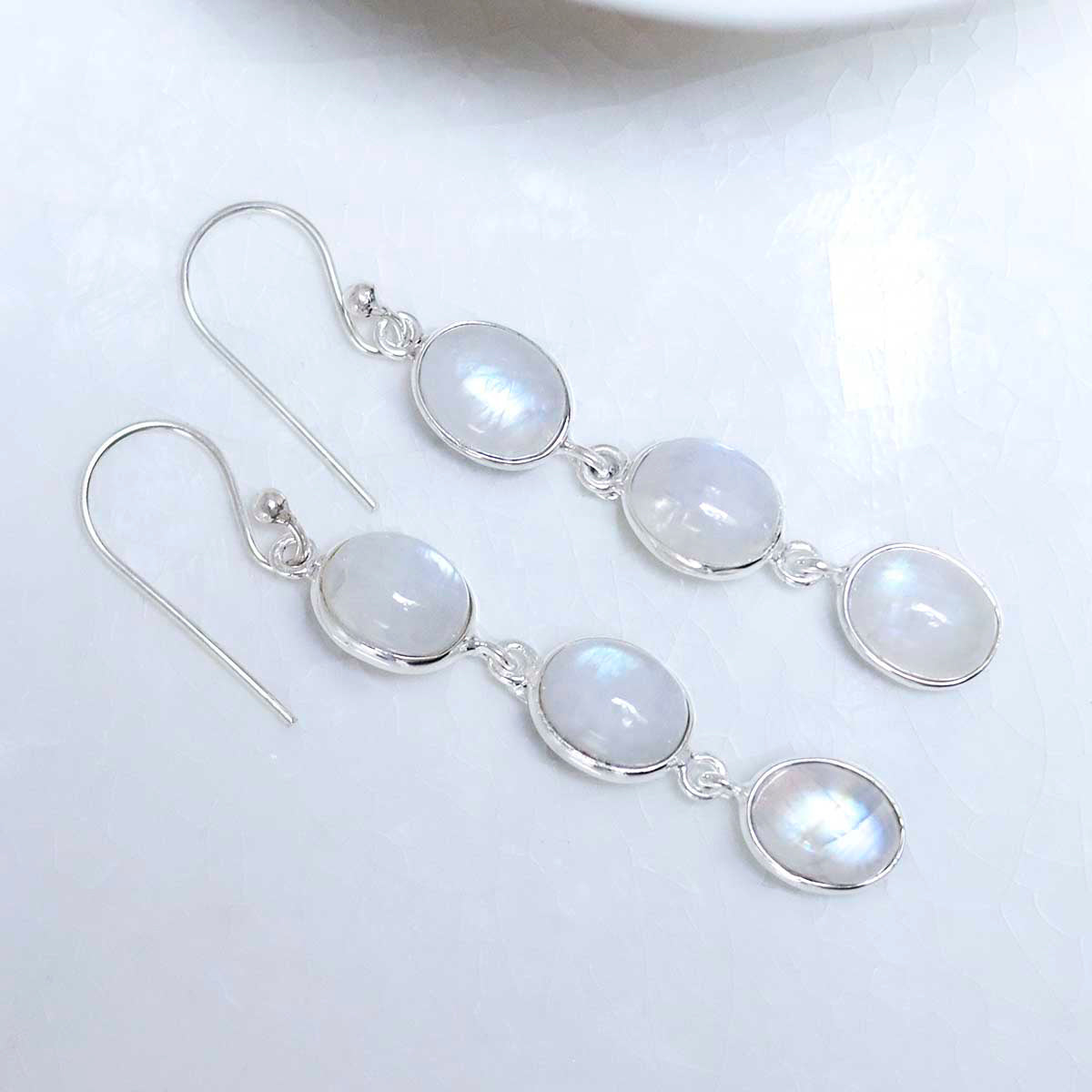 Sterling Silver Triple Moonstone Dangly Oval Earrings
