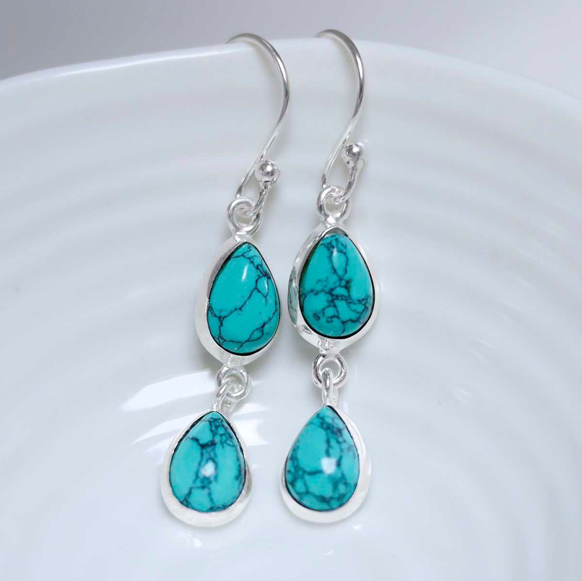 Sterling Silver Double Turquoise Dangly Teardrops