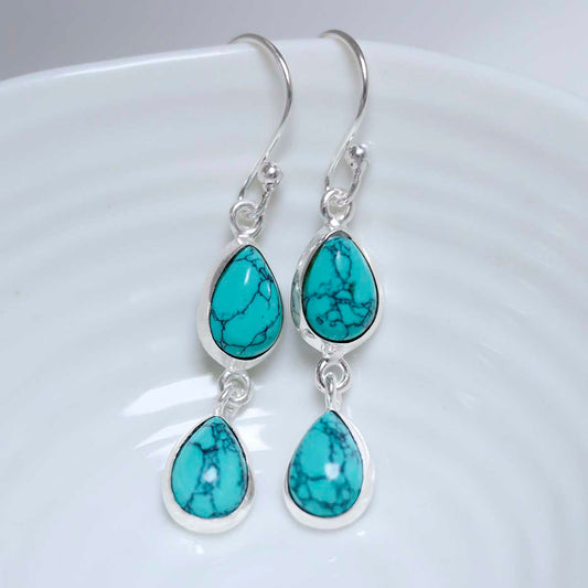 MJ753B_Sterling Silver Double Turquoise Dangly Teardrops_1-2