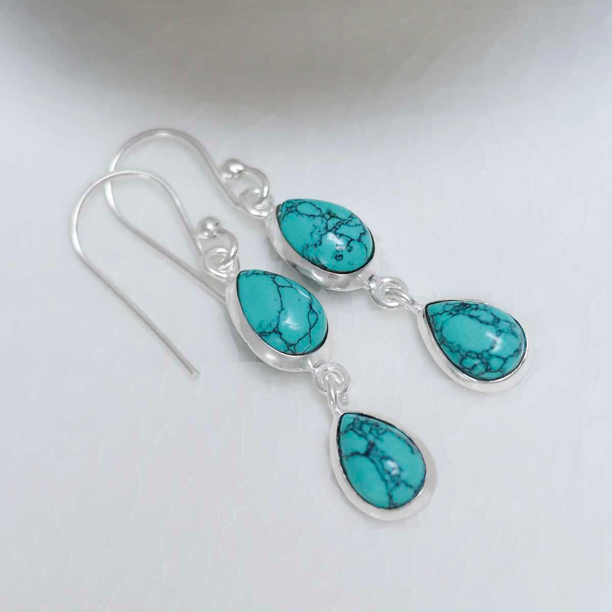 Sterling Silver Double Turquoise Dangly Teardrops
