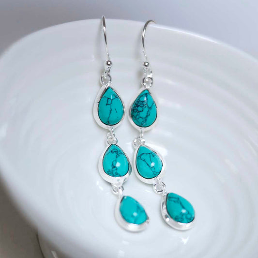 MJ753C_Sterling Silver Triple Turquoise Dangly Teardrops_1-2