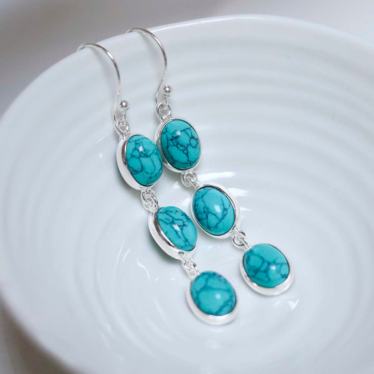 Sterling Silver Triple Turquoise Dangly Oval Earrings