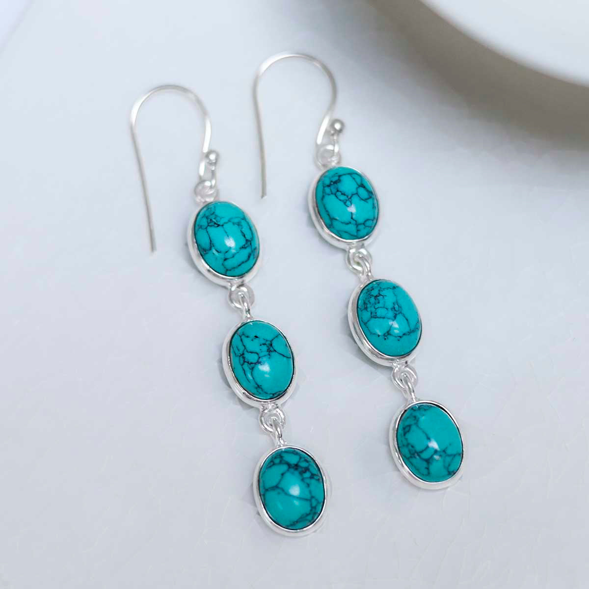 Sterling Silver Triple Turquoise Dangly Oval Earrings