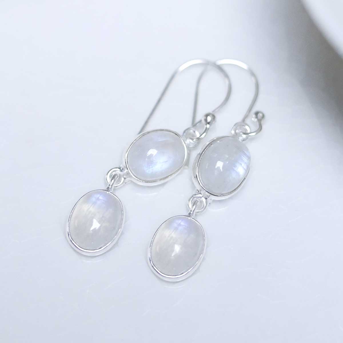 Sterling Silver Double Moonstone Dangly Oval Earrings