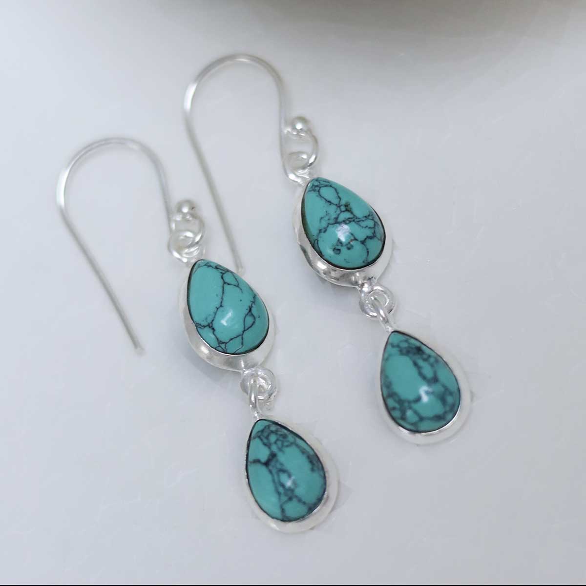 Sterling Silver Double Turquoise Dangly Teardrops