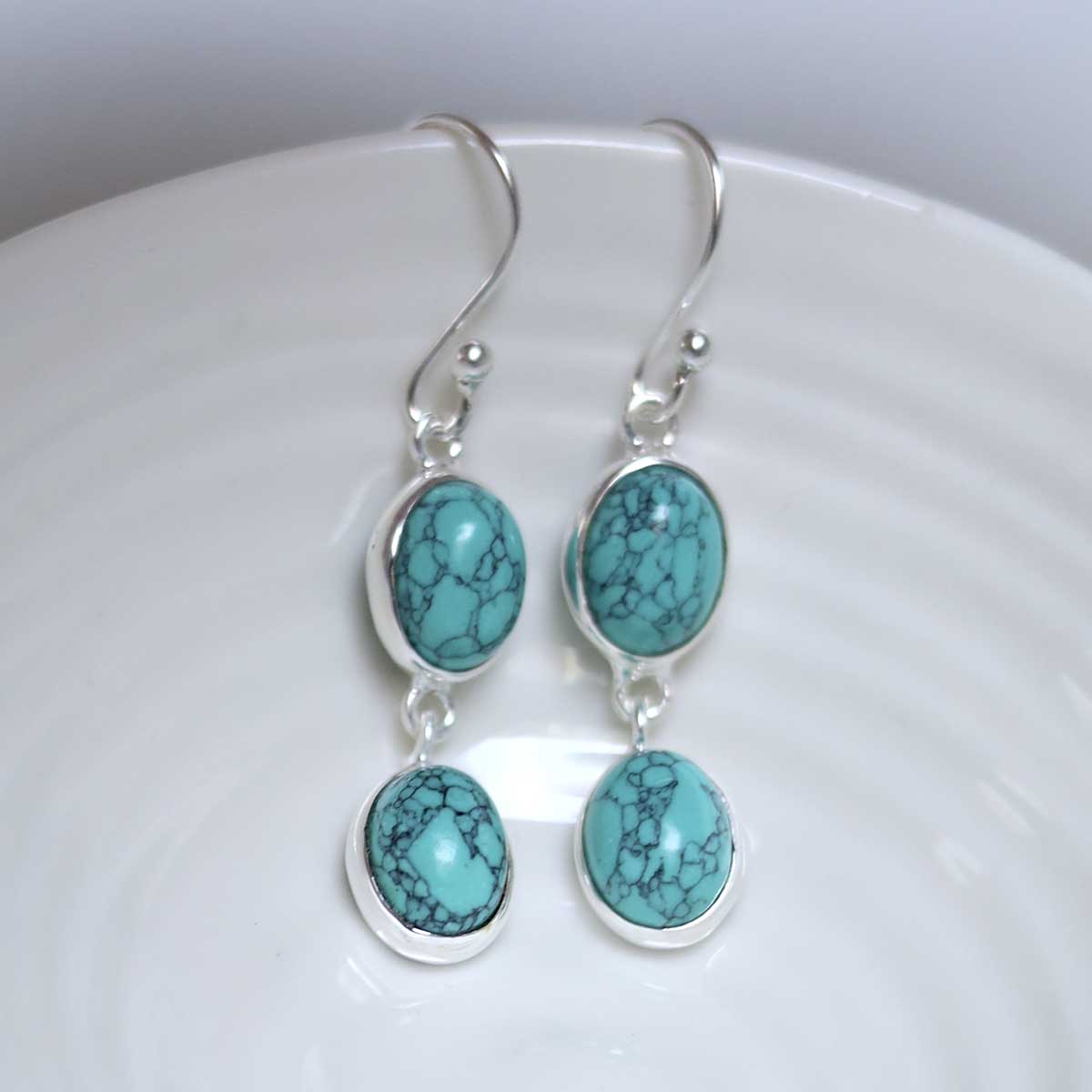 Sterling Silver Double Turquoise Dangly Oval Earrings