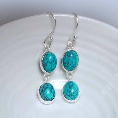 MJ753E_Sterling Silver Double Turquoise Dangly Oval Earrings_3