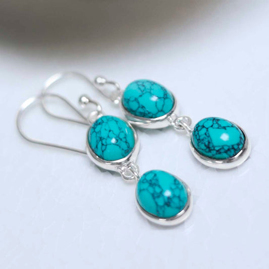 MJ753E_Sterling Silver Double Turquoise Dangly Oval Earrings_2