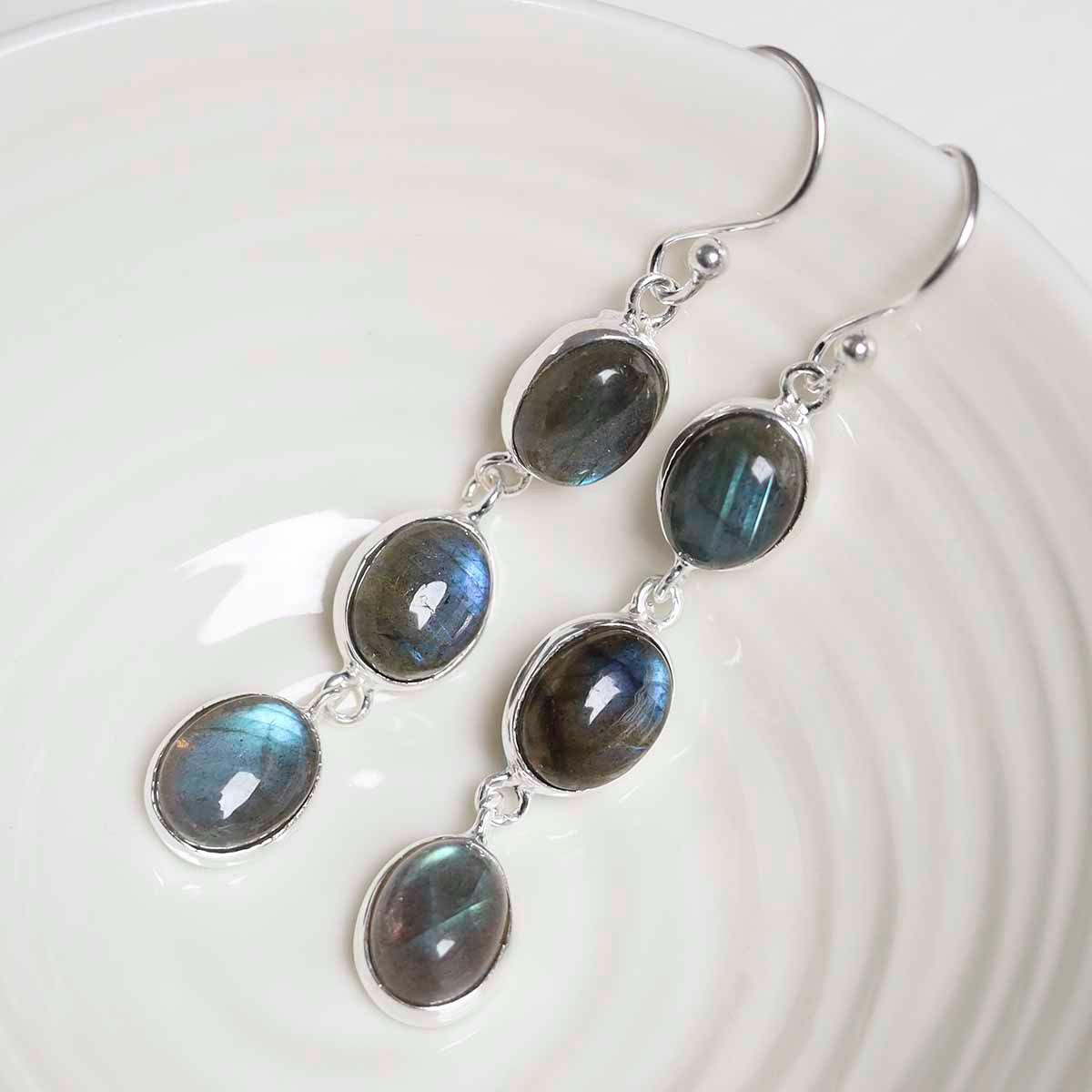 Sterling Silver Triple Labradorite Dangly Oval Earrings
