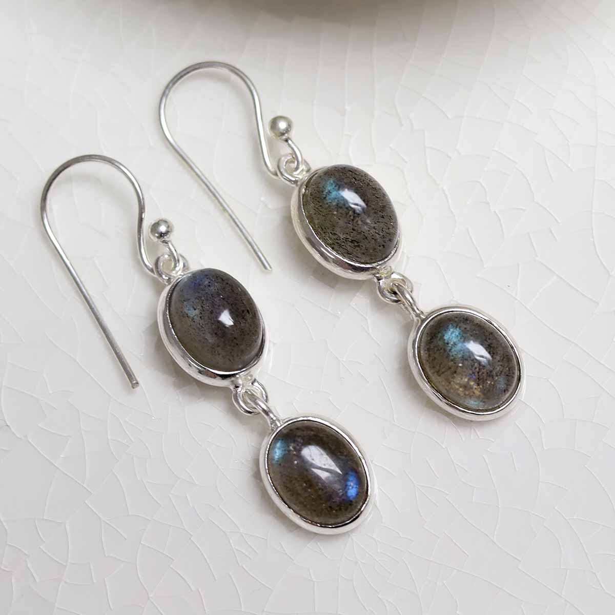 Silver Silver Double Labradorite Dangly Oval Earrings
