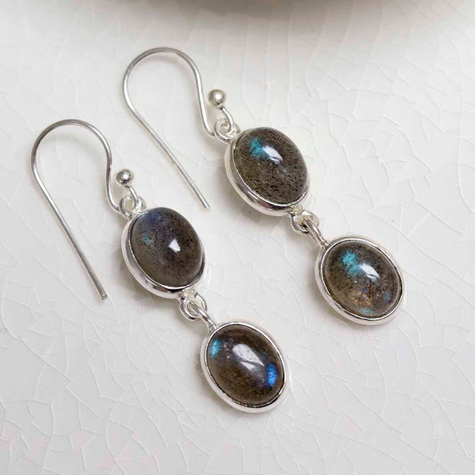 MJ751E_Sterling Silver Double Labradorite Dangly Oval Earrings_1
