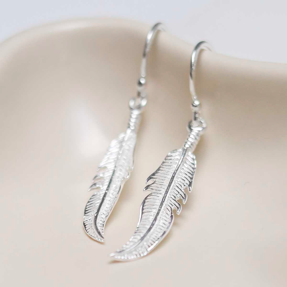 Sterling Silver Dangly Lucky Feather Earrings
