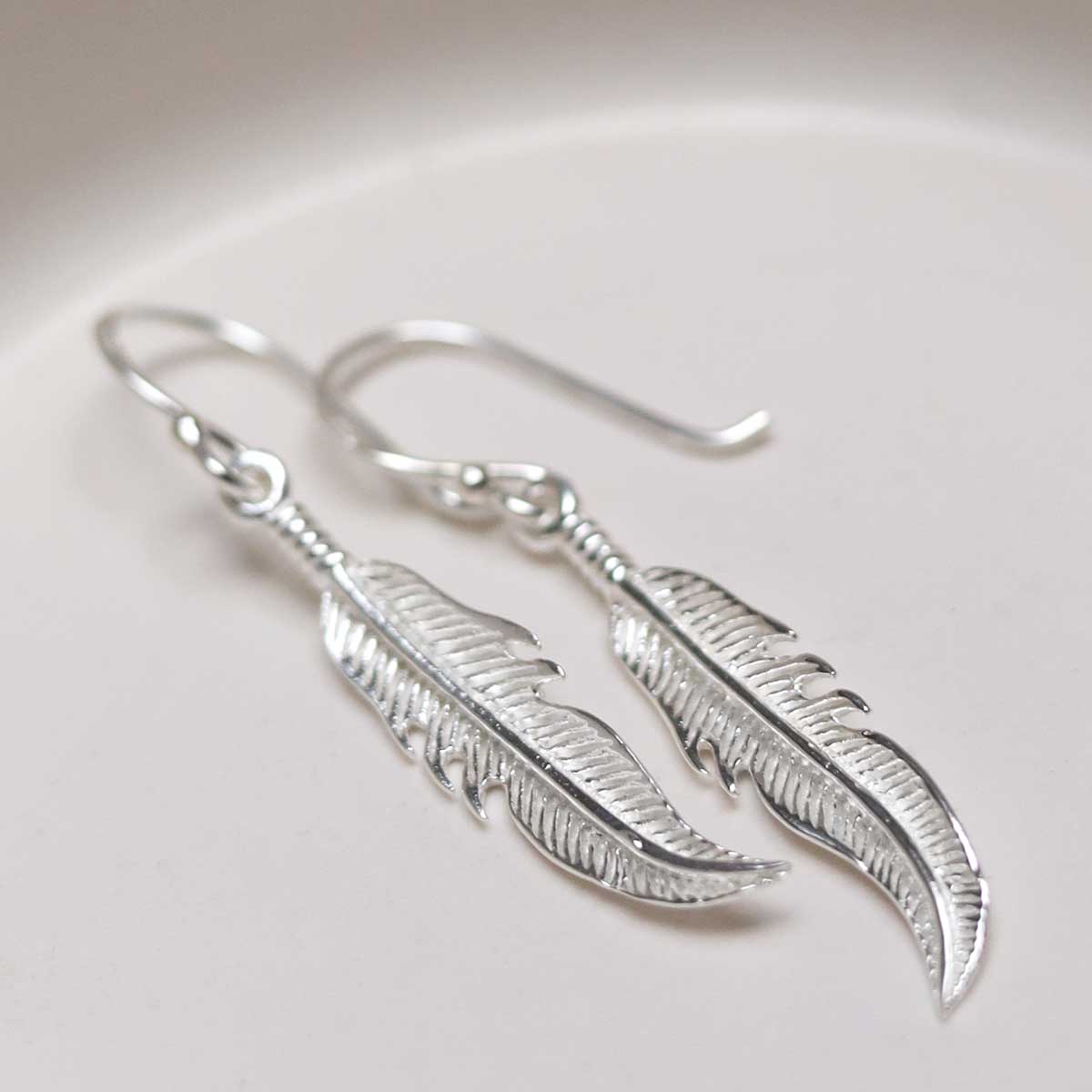Sterling Silver Dangly Lucky Feather Earrings