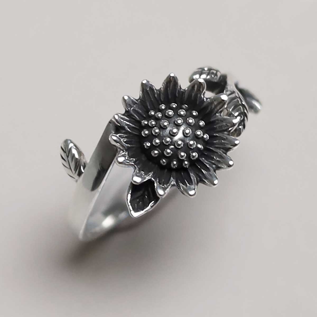 Sterling Silver Adjustable Oxidised Sunflower Ring