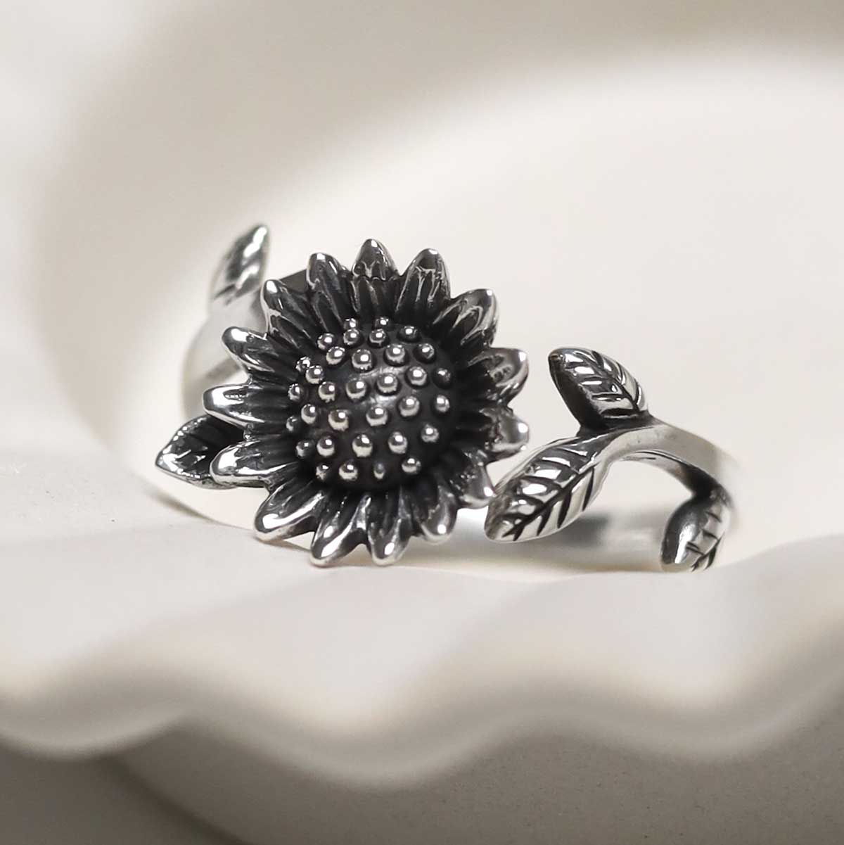 Sterling Silver Adjustable Oxidised Sunflower Ring