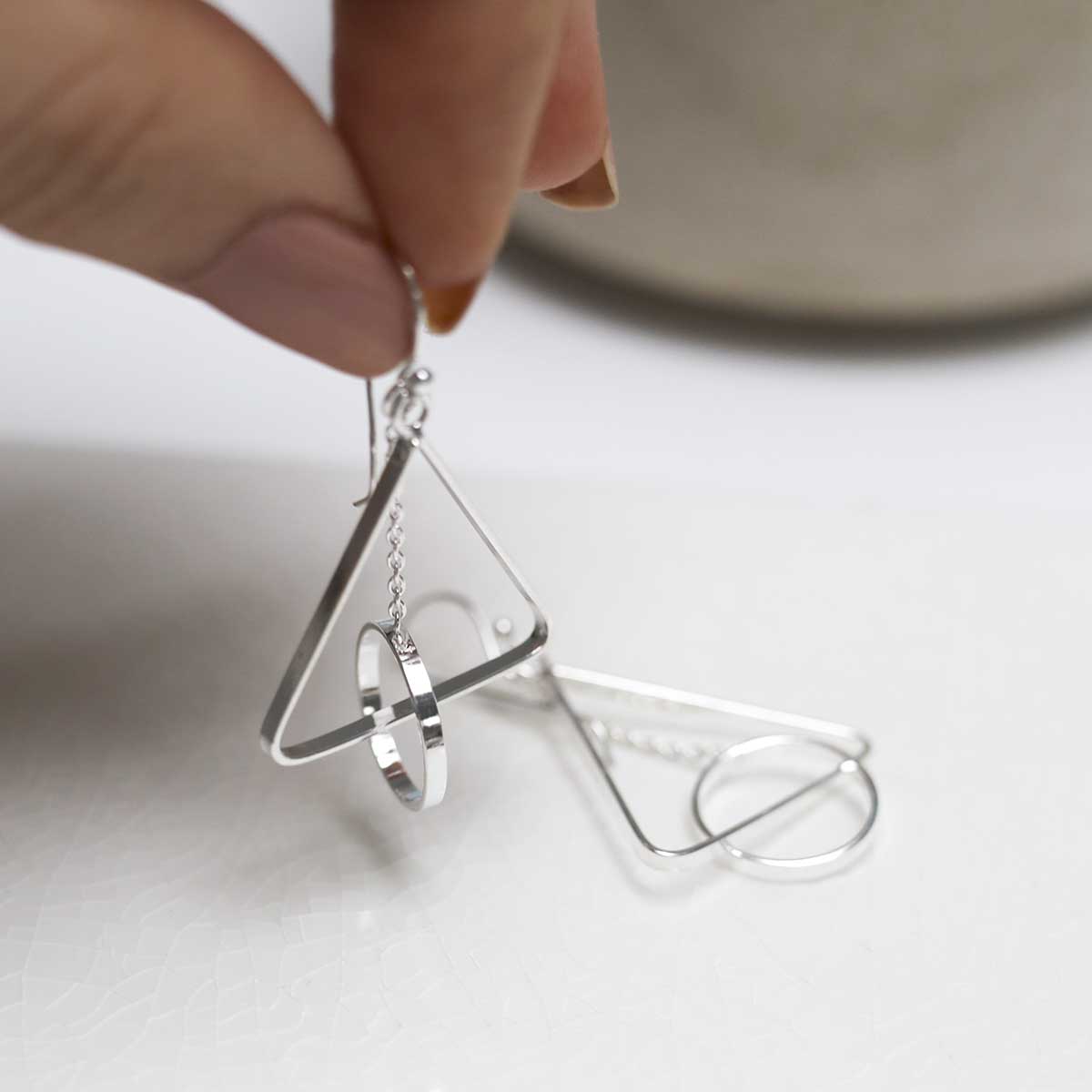 Sterling Silver Triangle And Circle Dangly Earrings