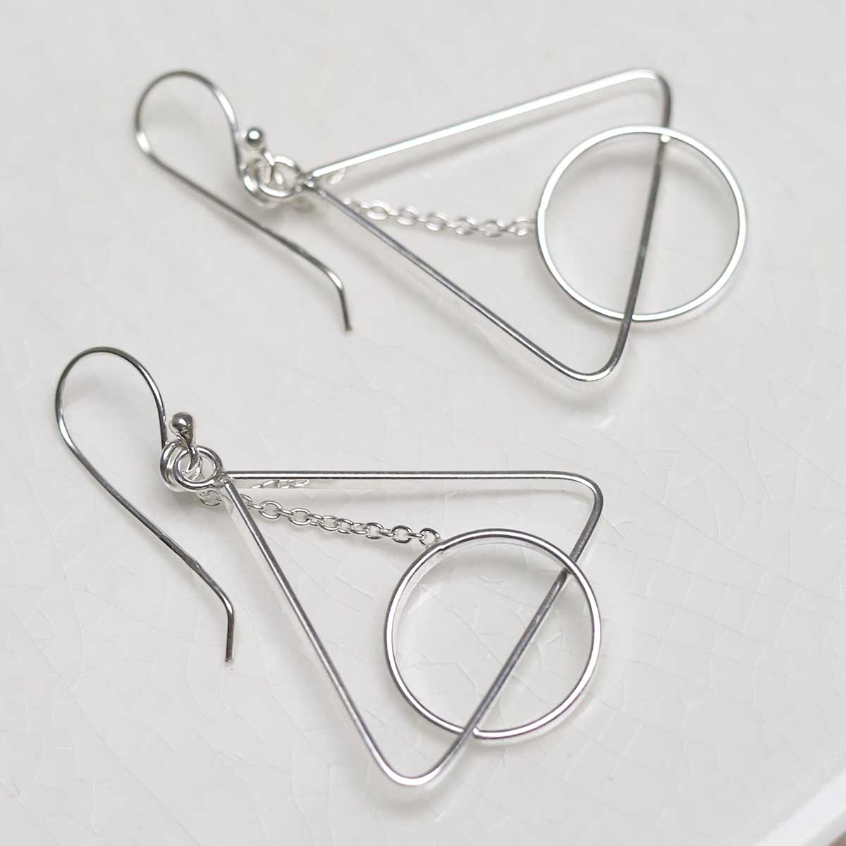 Sterling Silver Triangle And Circle Dangly Earrings