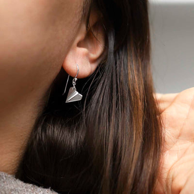 MS1178_Sterling Silver Dangly Paper Airplane Earrings_model