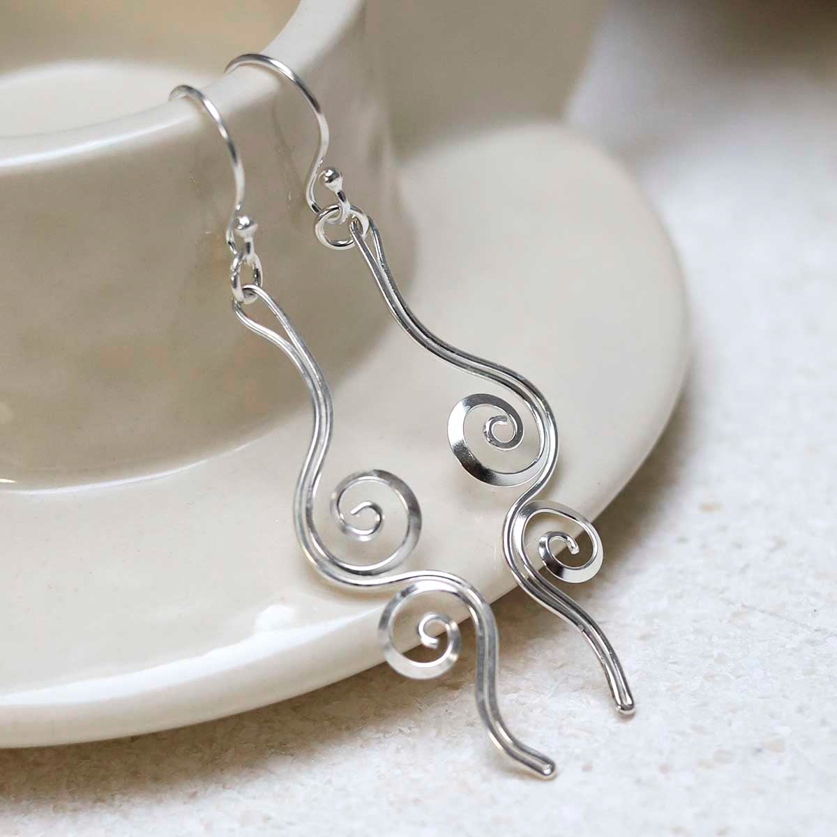 Sterling Silver Reflected Twirl Dangly Earrings