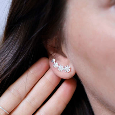 MD307_Sterling Silver Curved Flower Ear Climbers_model 2