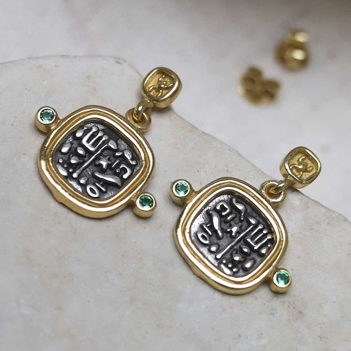 Gold Plated Sterling Silver Hieroglyphics Square Earrings