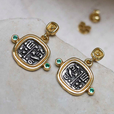 MZB149E_Gold Plated Sterling Silver Hieroglyphics Square Earrings_13