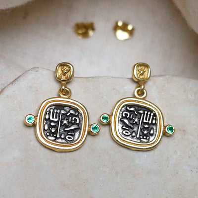 MZB149E_Gold Plated Sterling Silver Hieroglyphics Square Earrings_12