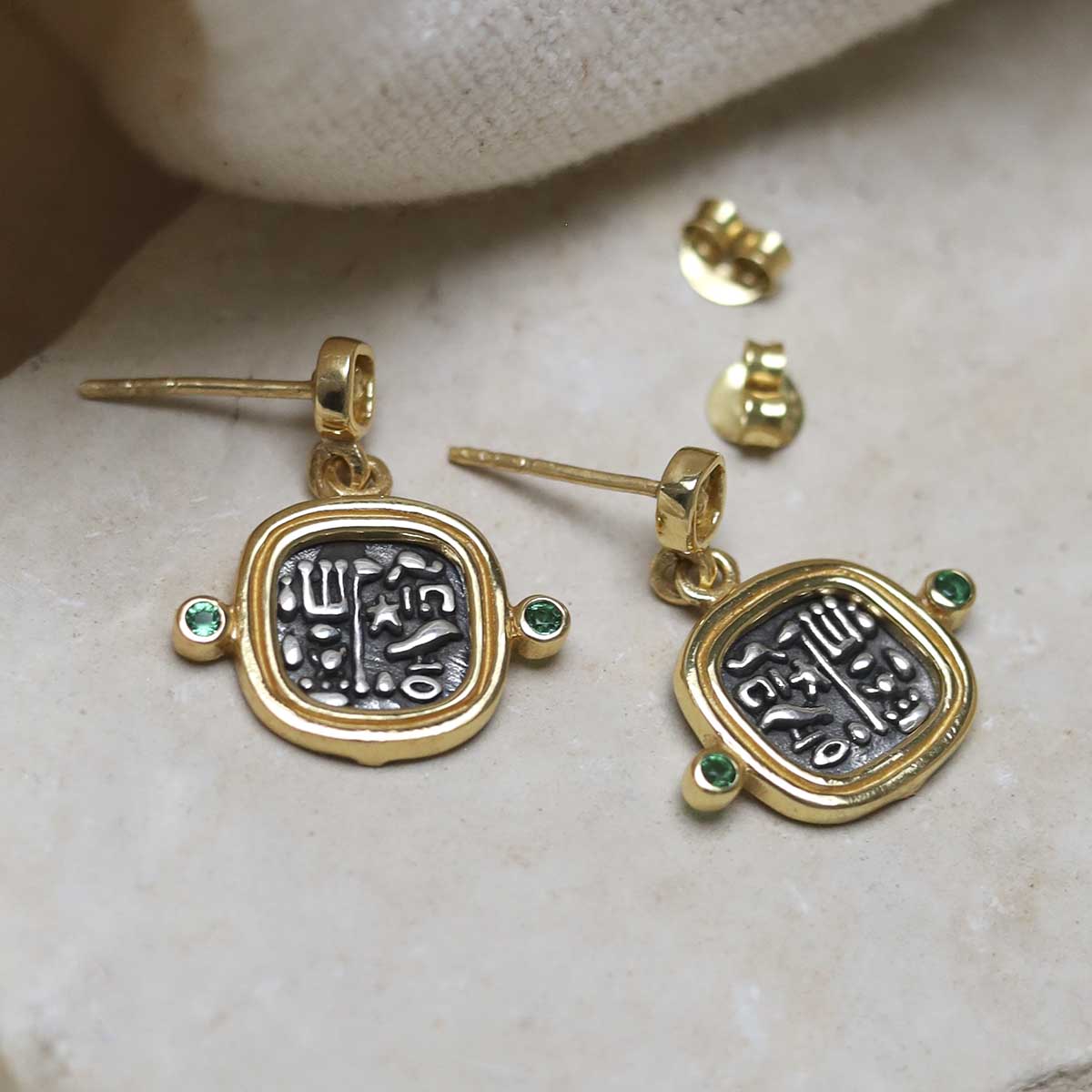 Gold Plated Sterling Silver Hieroglyphics Square Earrings