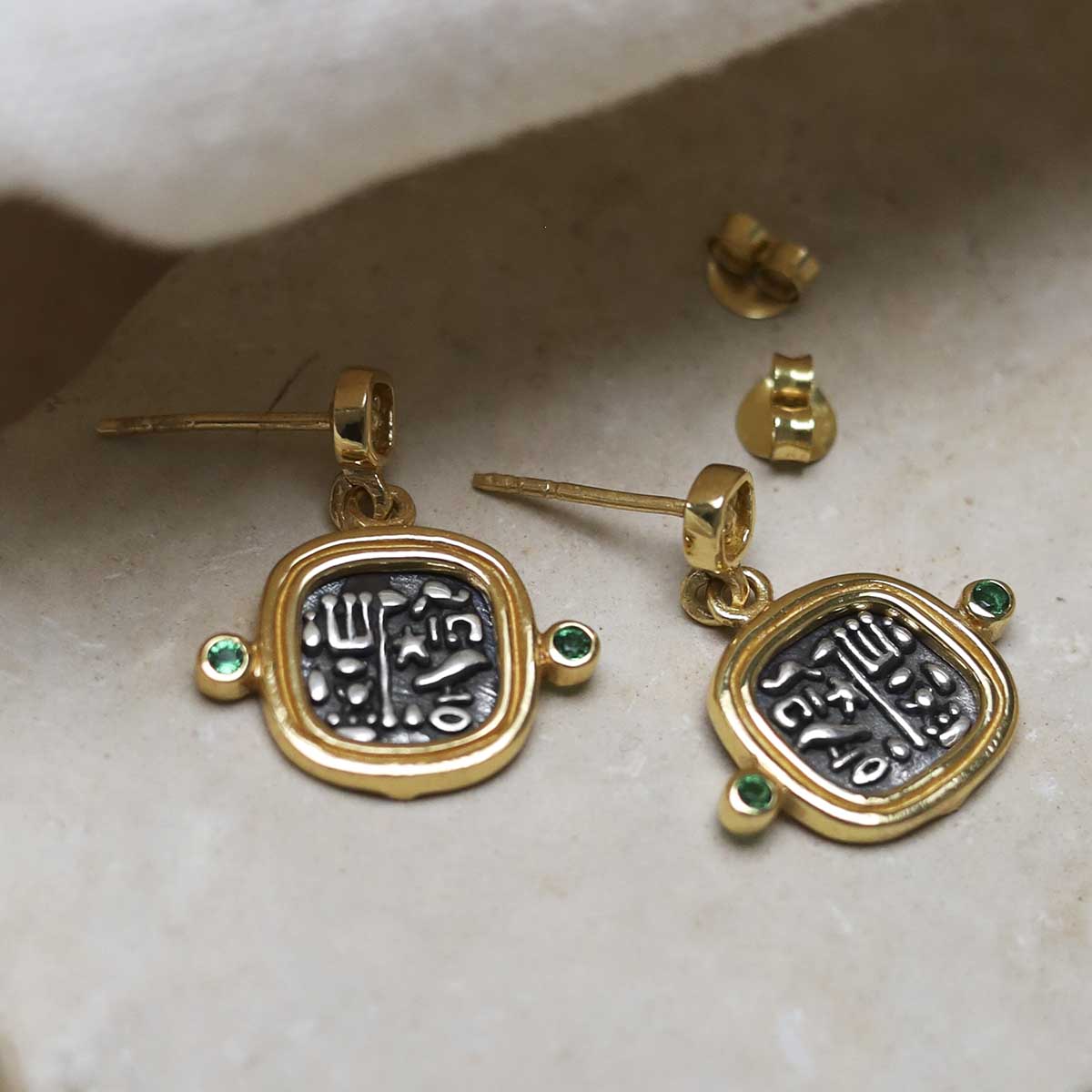 Gold Plated Sterling Silver Hieroglyphics Square Earrings