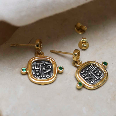 MZB149E_Gold Plated Sterling Silver Hieroglyphics Square Earrings_10