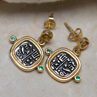 MZB149E_Gold Plated Sterling Silver Hieroglyphics Square Earrings_9