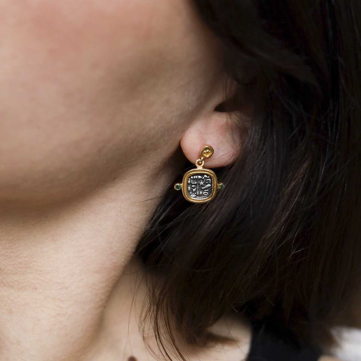 Gold Plated Sterling Silver Hieroglyphics Square Earrings