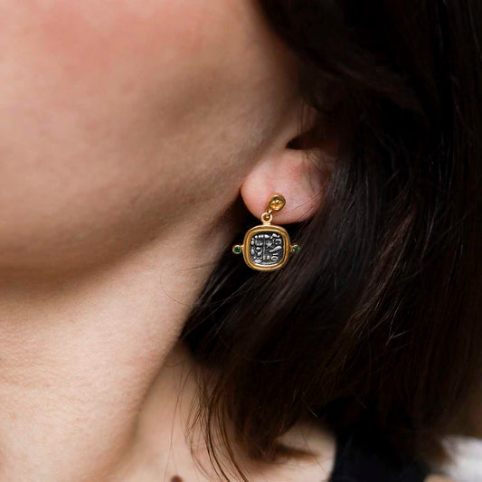 MZB149E_Gold Plated Sterling Silver Hieroglyphics Square Earrings_model 8