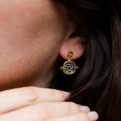 MZB149E_Gold Plated Sterling Silver Hieroglyphics Square Earrings_model 7