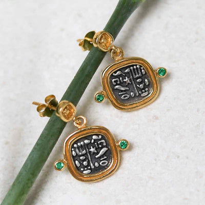 MZB149E_Gold Plated Sterling Silver Hieroglyphics Square Earrings_6