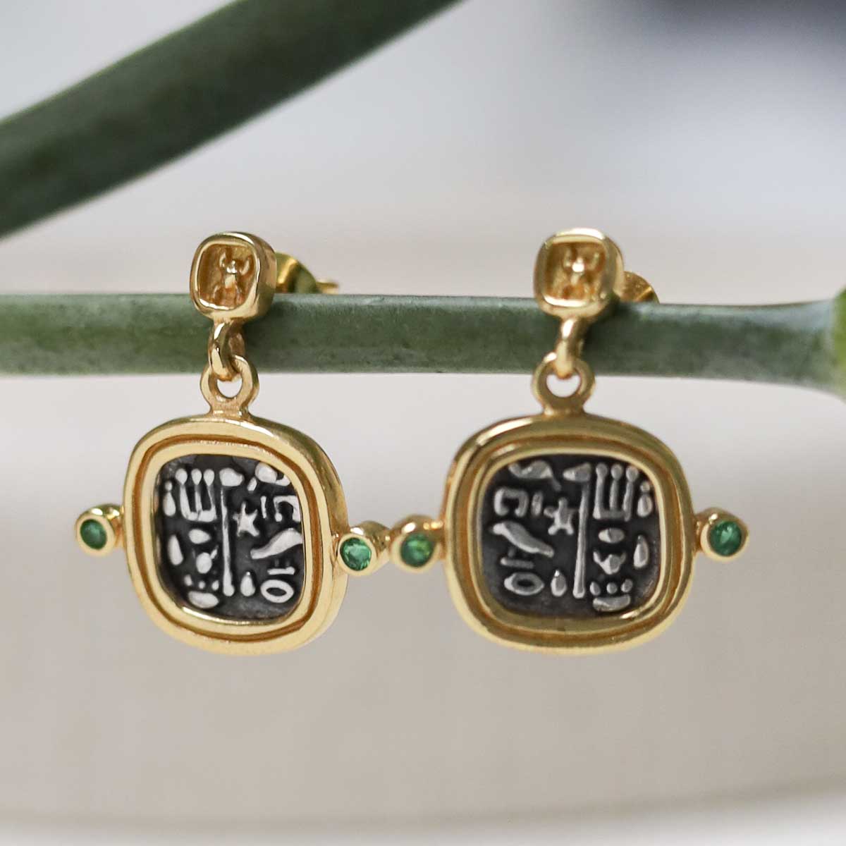 Gold Plated Sterling Silver Hieroglyphics Square Earrings