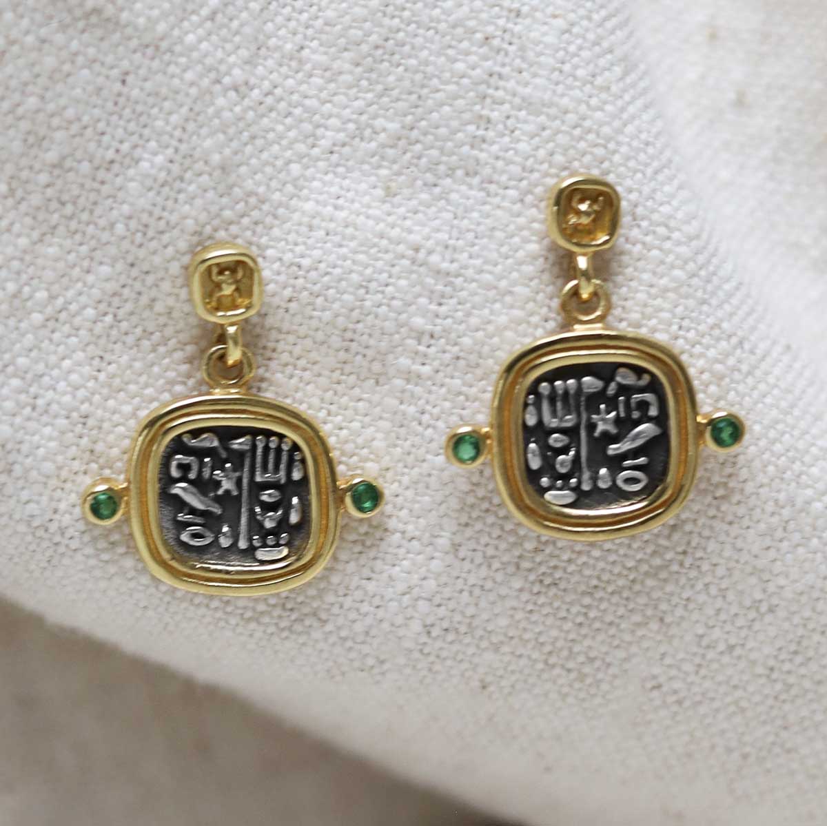 Gold Plated Sterling Silver Hieroglyphics Square Earrings