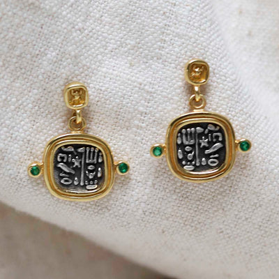 MZB149E_Gold Plated Sterling Silver Hieroglyphics Square Earrings_3