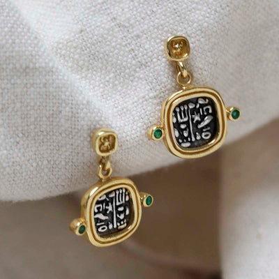 MZB149E_Gold Plated Sterling Silver Hieroglyphics Square Earrings_2