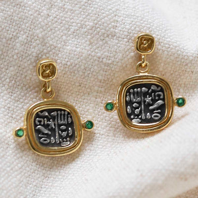 MZB149E_Gold Plated Sterling Silver Hieroglyphics Square Earrings_1
