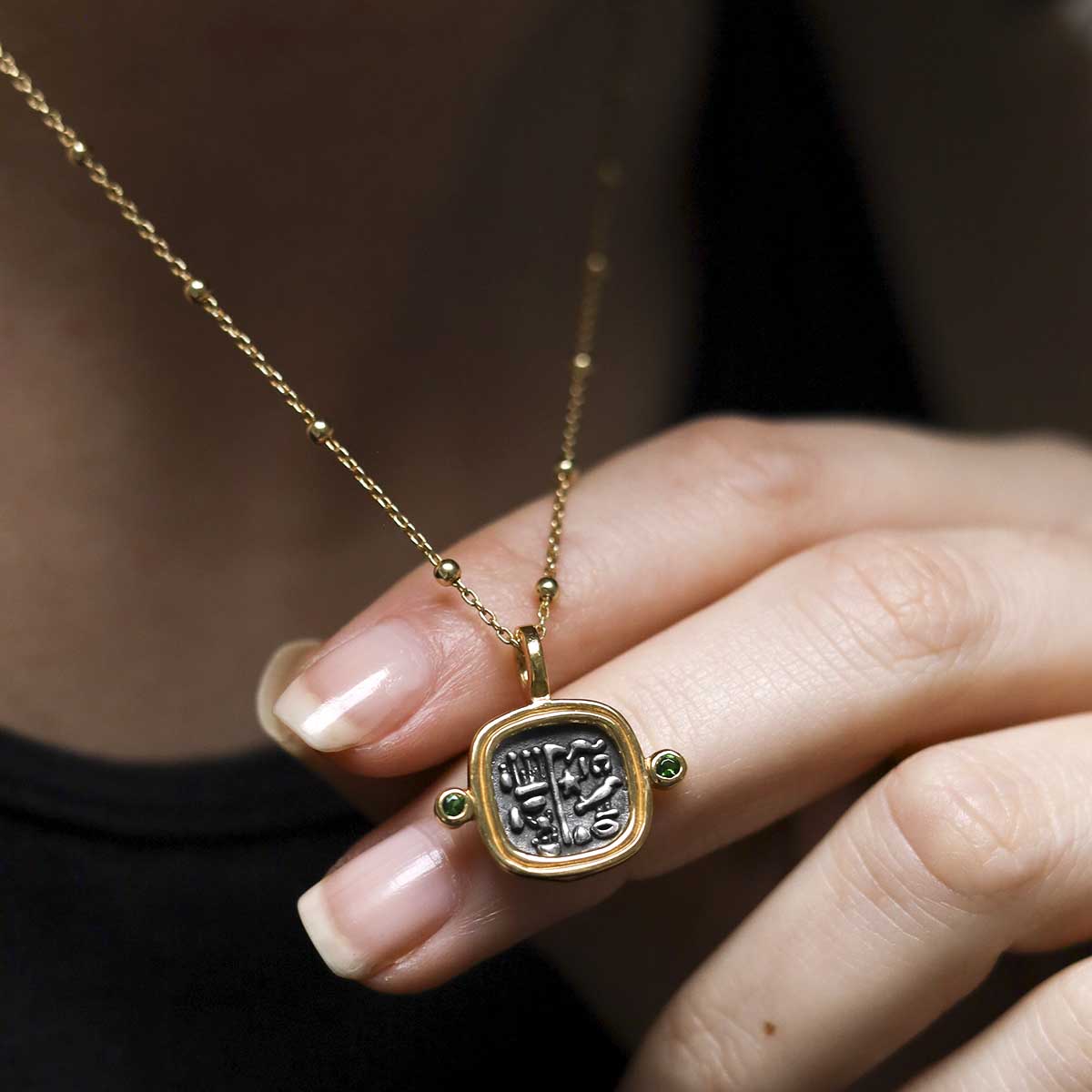 Gold Plated Sterling Silver Hieroglyphics Square Necklace