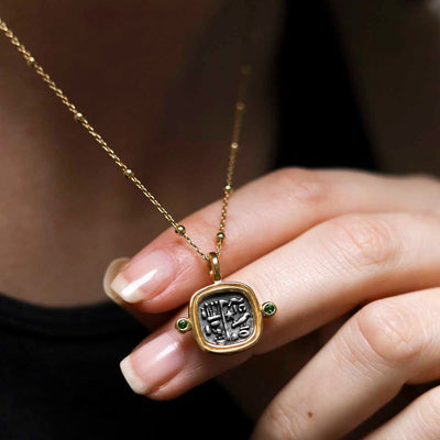 MZB149P_Gold Plated Sterling Silver Hieroglyphics Square Necklace_10 model