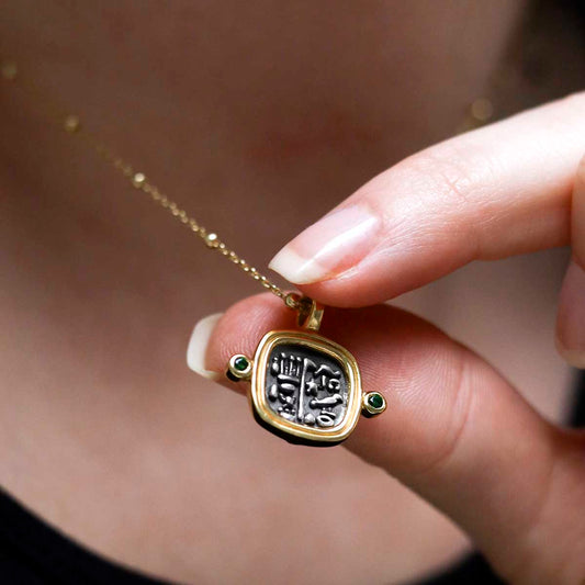 MZB149P_Gold Plated Sterling Silver Hieroglyphics Square Necklace_9 model