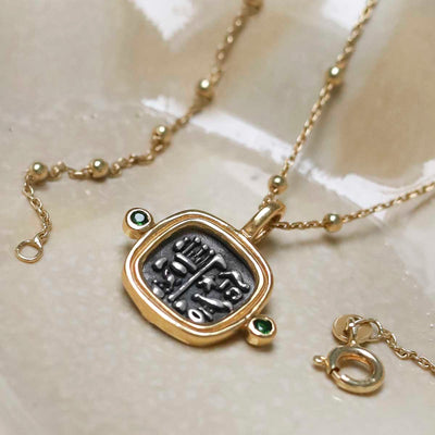 MZB149P_Gold Plated Sterling Silver Hieroglyphics Square Necklace_5