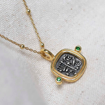 MZB149P_Gold Plated Sterling Silver Hieroglyphics Square Necklace_4