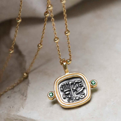 MZB149P_Gold Plated Sterling Silver Hieroglyphics Square Necklace_3