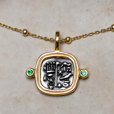 MZB149P_Gold Plated Sterling Silver Hieroglyphics Square Necklace_2